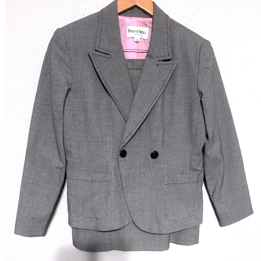 Danny &‎ Nicole Womens 10P Gray Houndstooth Blazer Skirt Suit Set Pink Lining